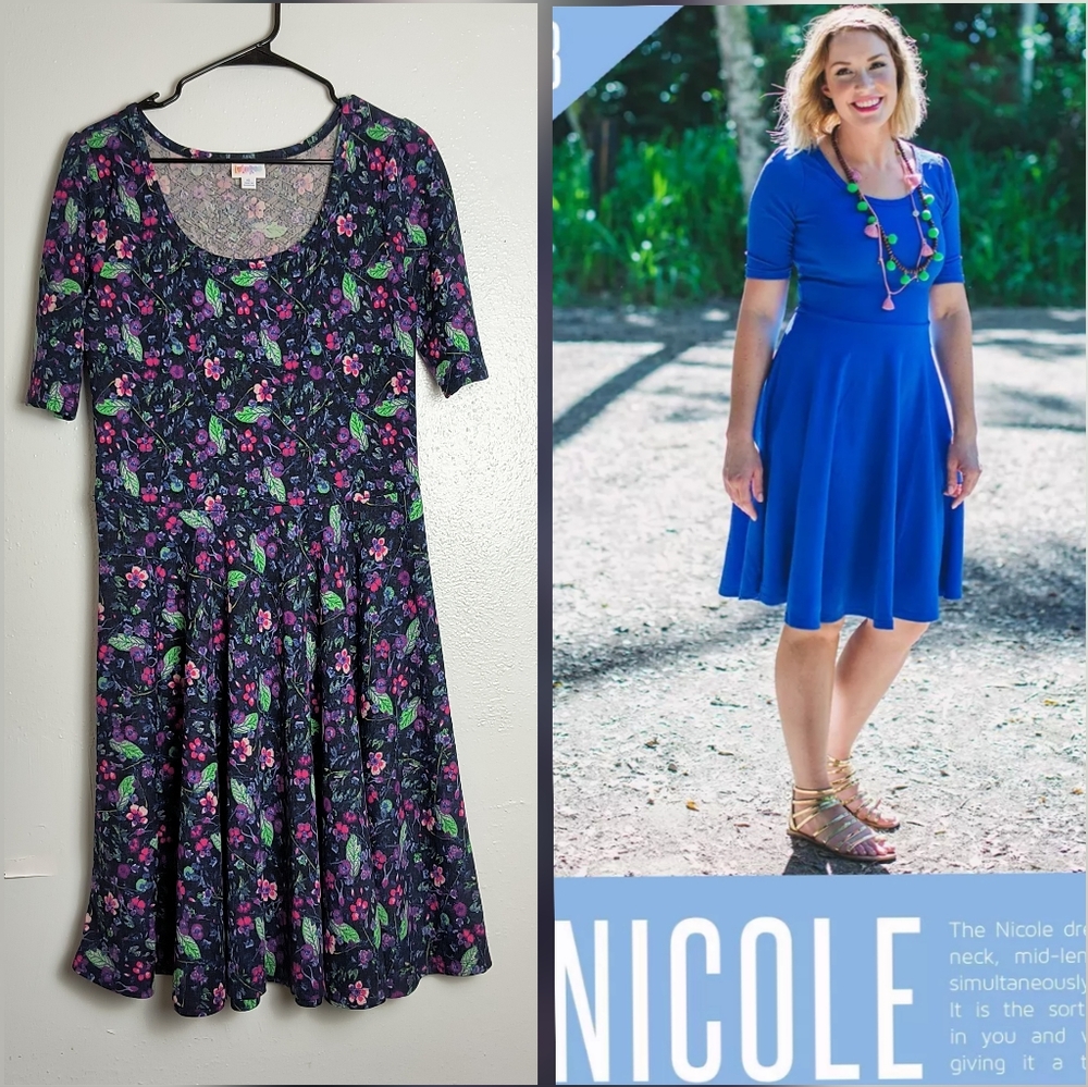 Lularoe Nicole Floral Fit & Flare Midi Dress Women's Size XL Casual Dressy
